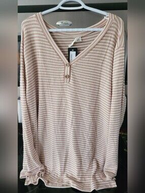 Vanilla Bay Cream & Blush Striped Button V-Neck Pullover